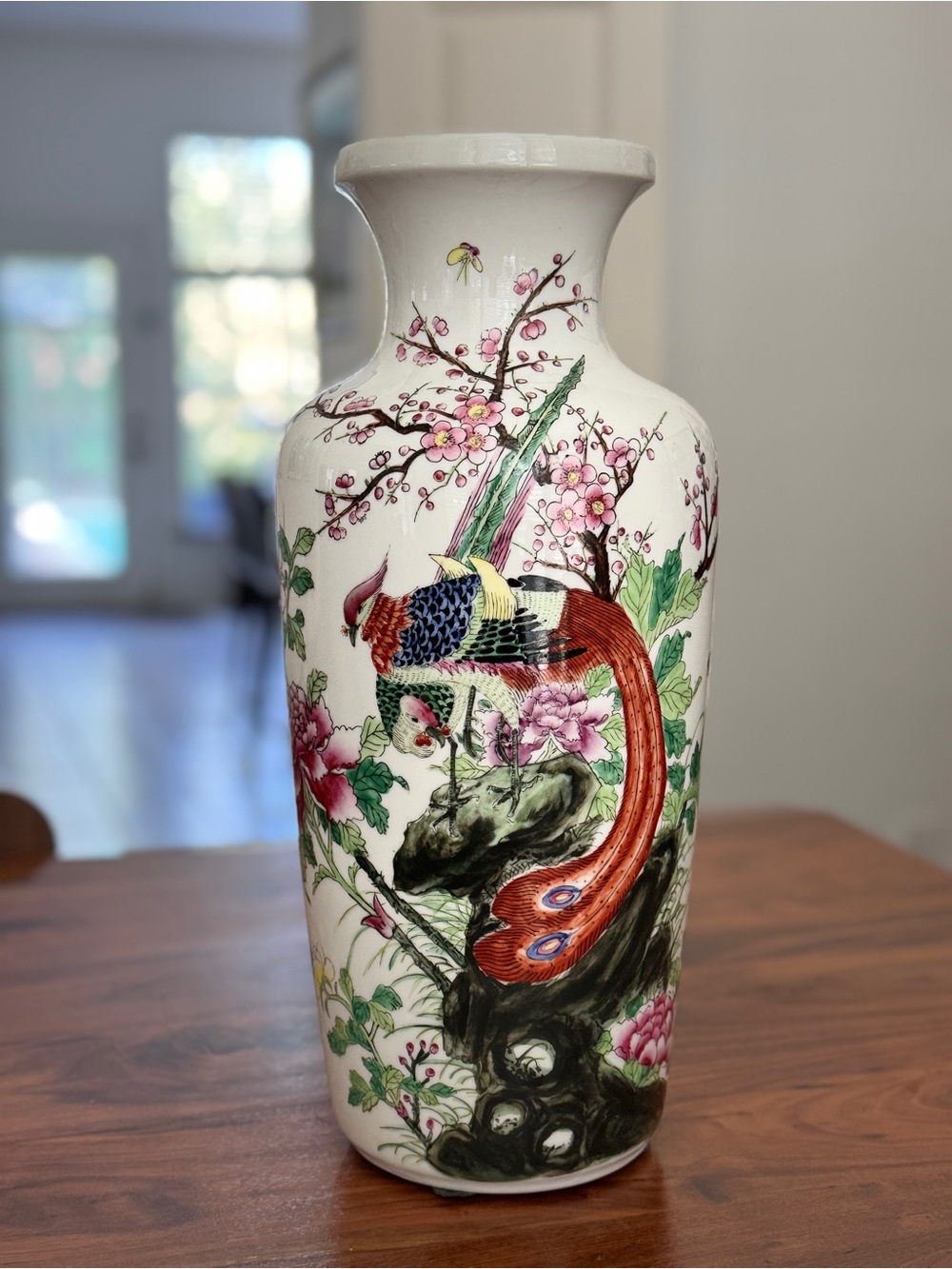 Vintage Hand Painted Floral & Peacock Porcelain Love Birds Porcelain Vase 16.5”H